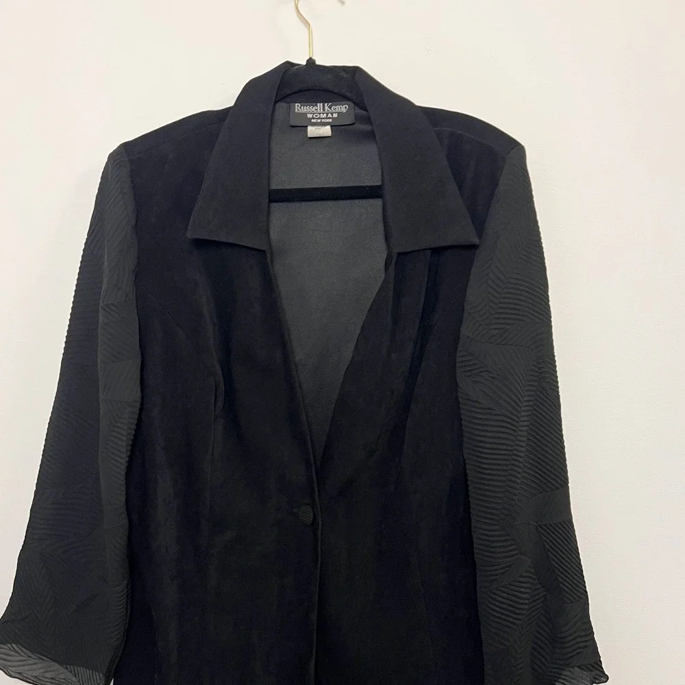 Russell Kemp Black Faux Seude Blazer Jacket Womens Textured Semi Sheer Sleeve - Picture 4 of 10